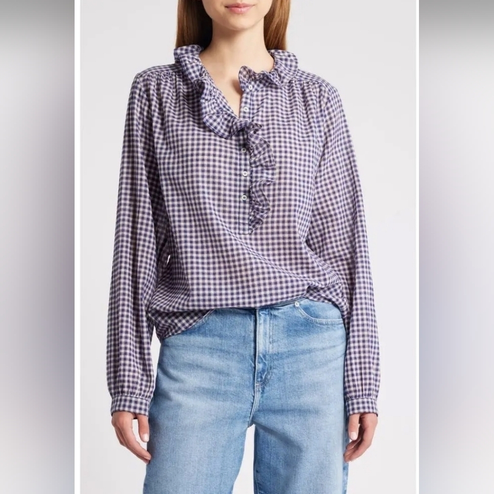 XiRENA Gingham Ruffle Blouse Size XS